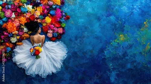   Painting woman white dress bouquet blue background