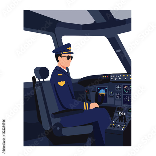 Pilot in cockpit wearing sunglasses detailed vector illustration showcasing aviation and professionalism