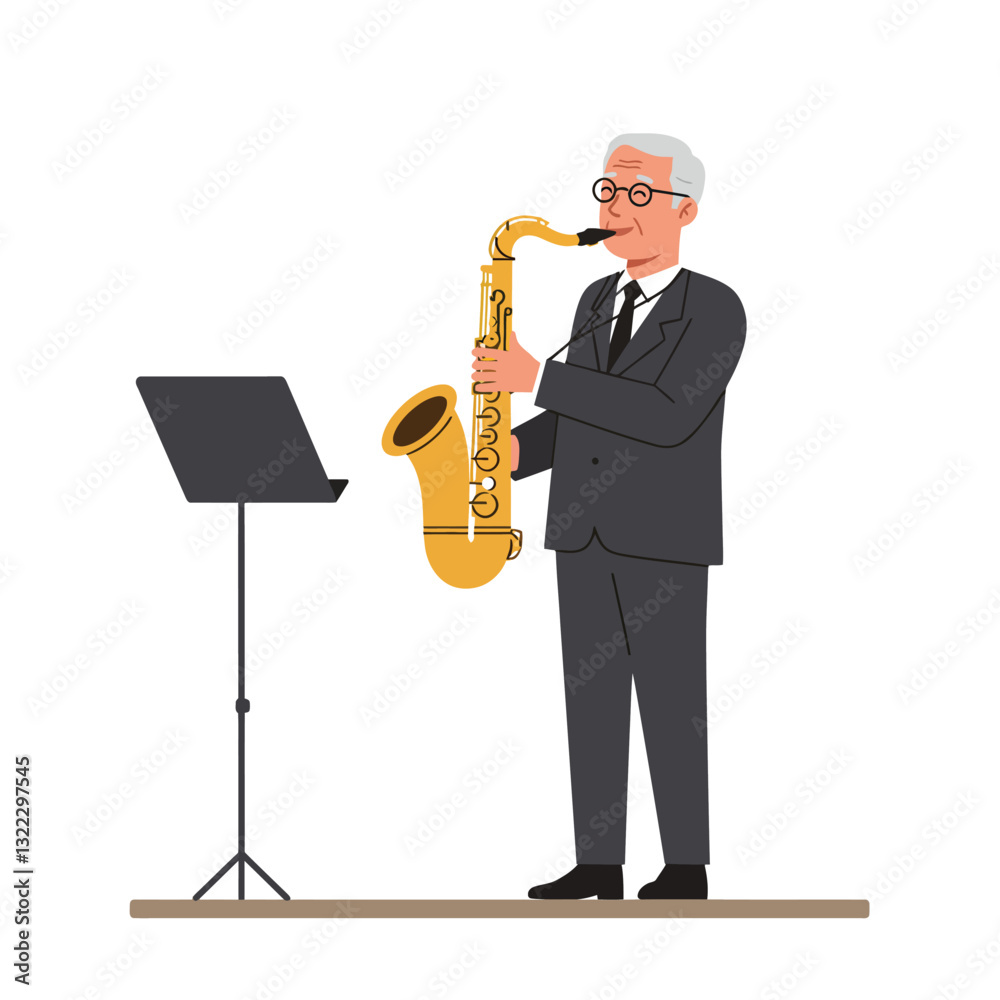 Naklejka premium Musician playing saxophone in elegant suit minimal vector illustration