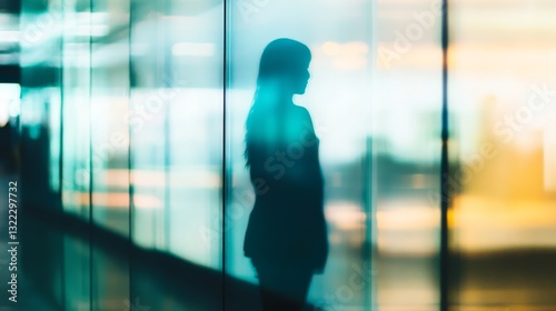 A woman's silhouette reflects on a colorful, blurred window, symbolizing introspection and urban mystery.