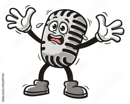 Cartoon mascot character Microphone is panicking