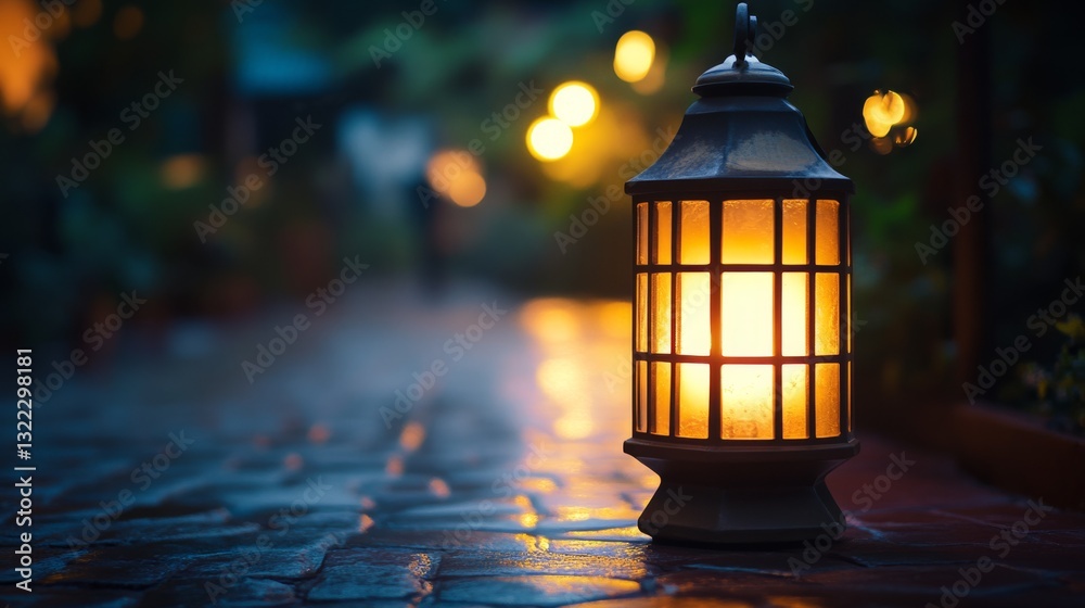 A warm, glowing lantern lights up a cobblestone path in the evening, casting gentle reflections amidst a tranquil, ambient setting. A warm, glowing lantern lights up a cobblestone path in the evening, casting gentle reflections amidst a tranquil, ambient setting.