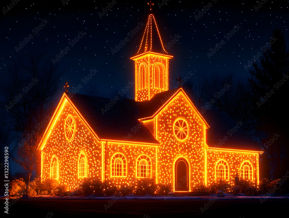 Fototapeta premium Illuminated church at night, adorned with warm golden lights. A picturesque winter scene, featuring a small chapel, beautifully lit with warm, orange lights, stands out against a dark night sky