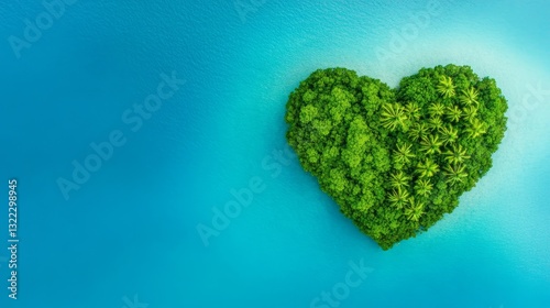 Aerial view of a heart-shaped island lush with greenery surrounded by tranquil blue waters