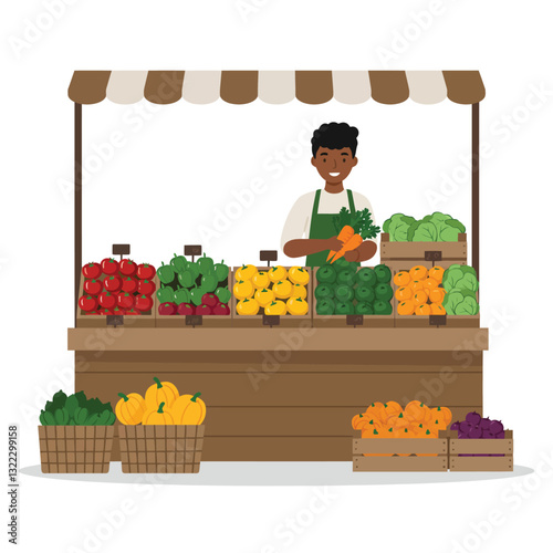 Fresh vegetable and fruit market stall with vendor in flat vector art