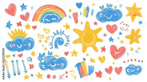 This collection includes colored crayon-drawn funky figures and whimsical doodles, perfect for kids' collages, creative projects, or adding a fun touch to any design.