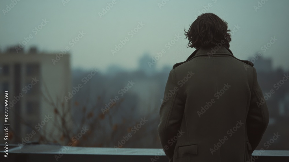 A person, back turned, stands pensively on a balcony, overlooking a misty cityscape, wrapped in thought amid the serenity of a cloudy day. A person, back turned, stands pensively on a balcony, overlooking a misty cityscape, wrapped in thought amid the serenity of a cloudy day.