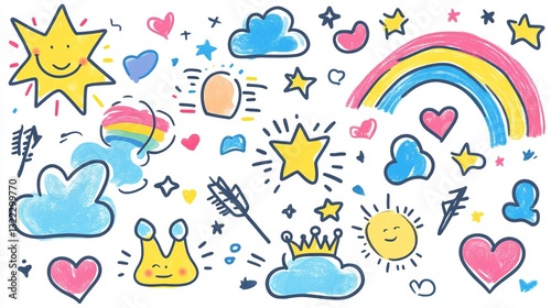 A sticker pack featuring naive, playful abstract doodle shapes in a childish style. This collection includes colorful crayon-drawn figures and funky doodles, such as clouds with rainbows, suns, hearts