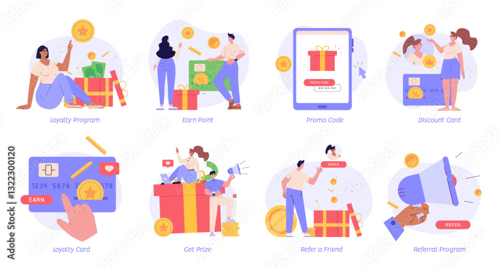 Reward program and earning points set. Attracting customers for money and gifts. Collection of earn reward loyalty, bonus, business award. Vector illustration in flat design