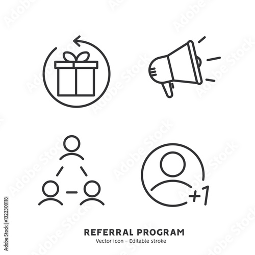 Refer a friend vector illustration concept icon set. People attract customers for money and gifts. Referral loyalty program and social media marketing. Vector flat outline icons. Editable stroke