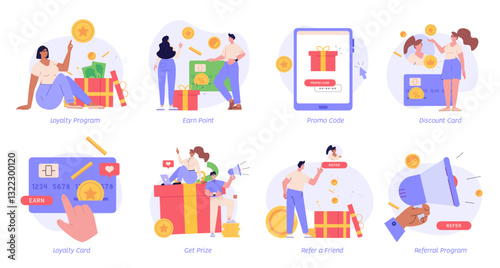 Reward program and earning points set. Attracting customers for money and gifts. Collection of earn reward loyalty, bonus, business award. Vector illustration in flat design