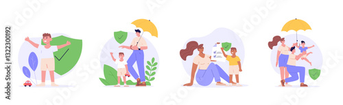 Family under umbrella. Set of life insurance, protection of health and life of children for travel or vacation. Healthcare and medical service. Vector illustration in flat design