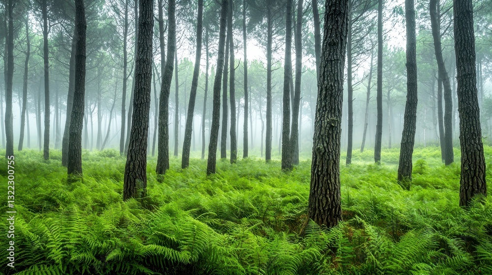 Naklejka premium Tall trees rise above vibrant green ferns in a misty forest, creating a serene atmosphere. Morning light filters through the fog, enhancing the tranquil surroundings