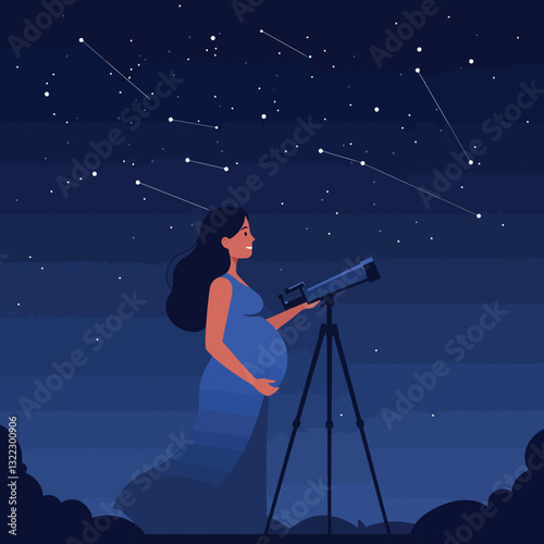 Pregnant woman gazing at stars using telescope in flat vector illustration
