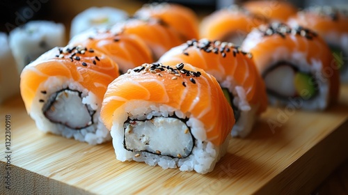 Fresh sushi rolls on a wooden board photo