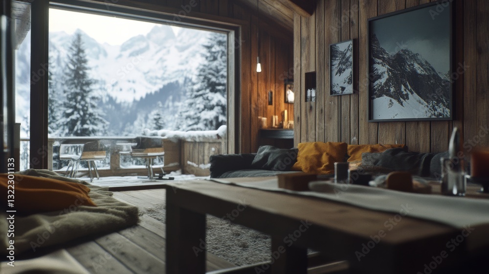 Fototapeta premium A cozy cabin-style living room with a view of snow-capped mountains through the window, creating a warm, inviting atmosphere.