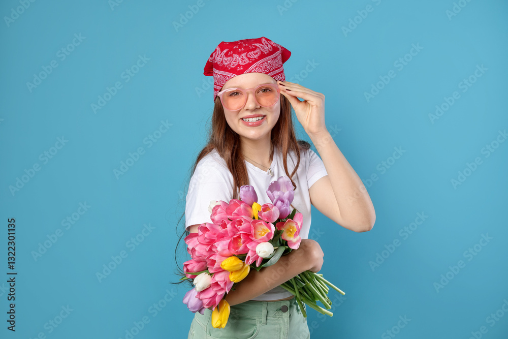 Beautiful teenage girl with bouquet of tulips on light blue background Beautiful teenage girl with bouquet of tulips on light blue background