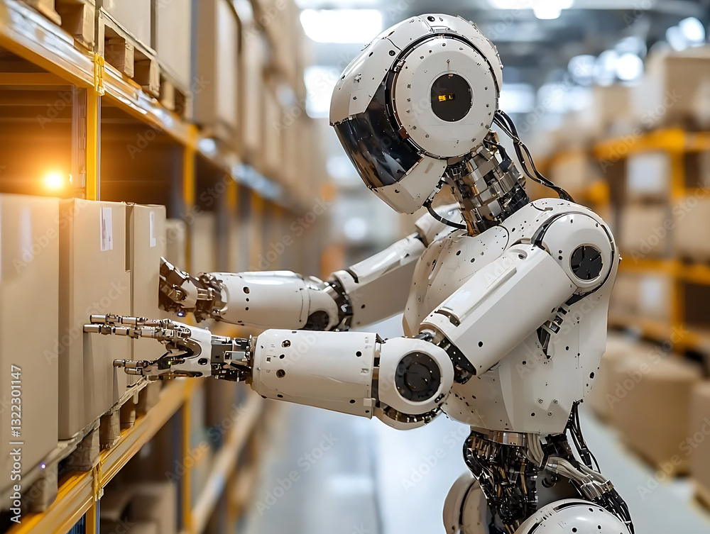 Fototapeta premium A white humanoid robot carefully selects a cardboard box from a tall well-stocked warehouse shelving unit.