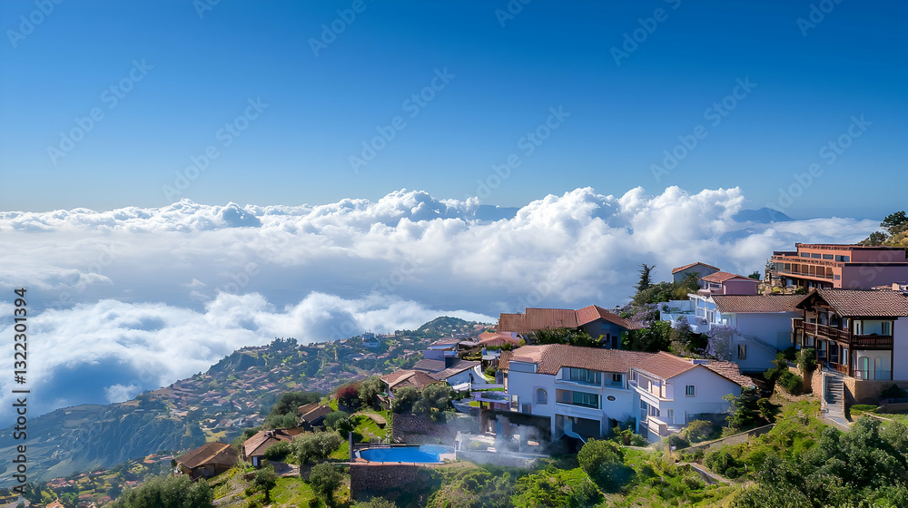 Obraz premium Scenic View of a Mountain Village Above a Sea of White Clouds Under a Bright Blue Sky on a Sunny Day