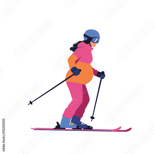 Pregnant woman skiing in bright attire with flat design style vector illustration
