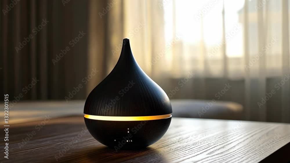 Decorative diffuser emits warm light in a cozy room with natural sunlight during evening hours