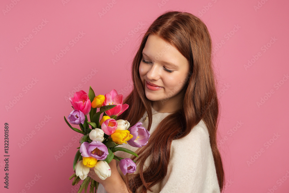 Beautiful teenage girl with bouquet of tulips on pink background Beautiful teenage girl with bouquet of tulips on pink background