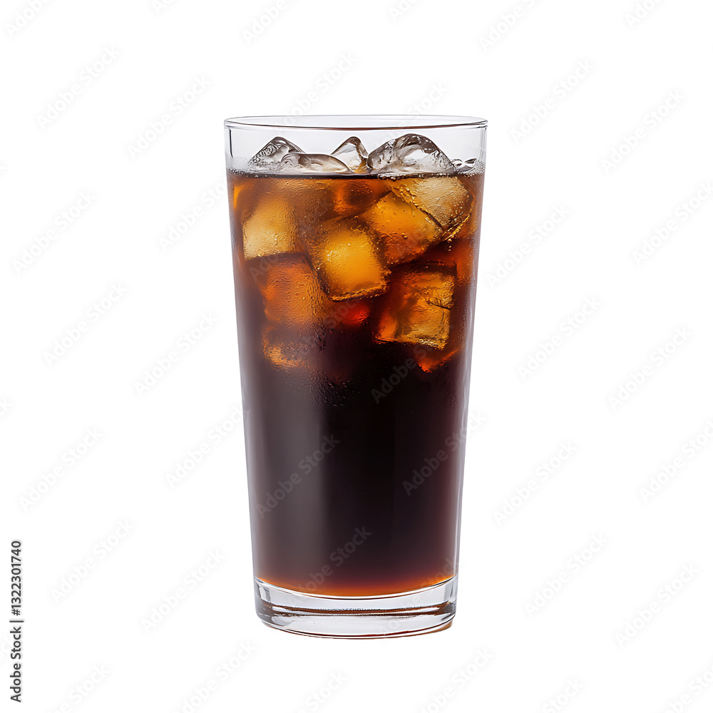 Refreshing dark soda with ice cubes, served in a tall glass. A chilled and fizzy beverage, perfect for quenching thirst on a hot day. Close-up shot on black background. Refreshing dark soda with ice cubes, served in a tall glass. A chilled and fizzy beverage, perfect for quenching thirst on a hot day. Close-up shot on black background.