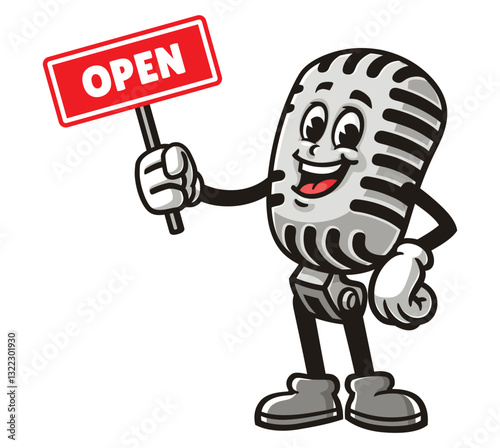 Microphone character mascot cartoon holding an open sign