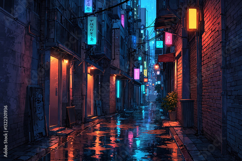 A narrow city alley at night with glowing neon lights, wet surfaces shimmering, and a peaceful rainy atmosphere in anime style