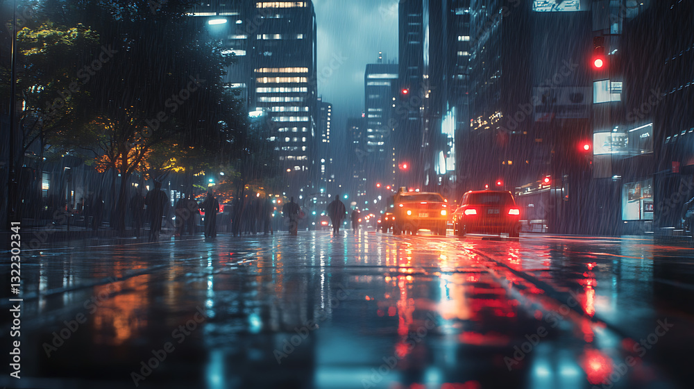 Fototapeta premium Nighttime City Street in the Rain