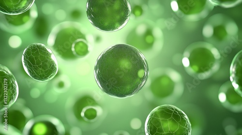 Microscopic Marvel: A mesmerizing macro view of vibrant, green spherical cells floating, suggestive of the intricate beauty and complexity of the biological world.