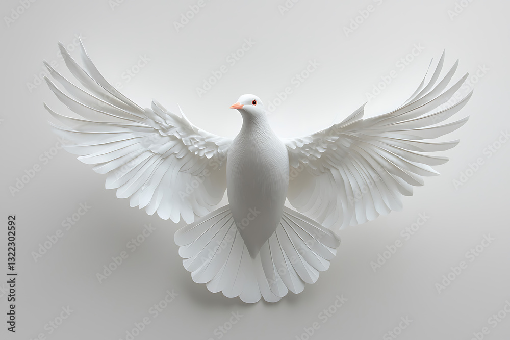 Obraz premium A pristine white dove wings outstretched in graceful symmetry against a smooth neutral background.