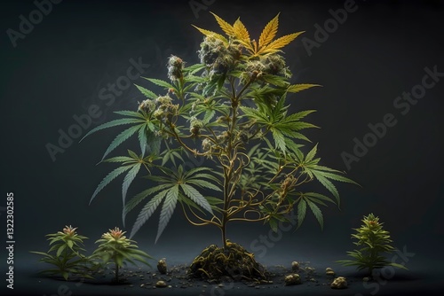 A detailed photo of a mature cannabis plant with blooming buds on a standard scale photo