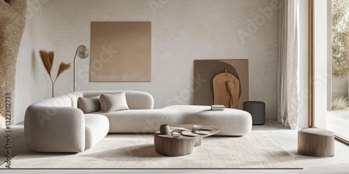 A modern living room with artistic decor and comfortable furniture