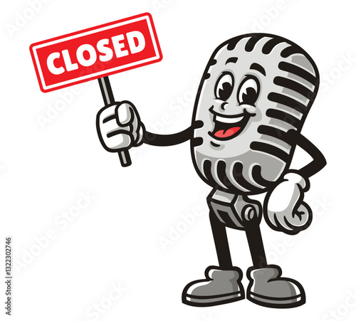 Cartoon mascot character Microphone holding a closed sign