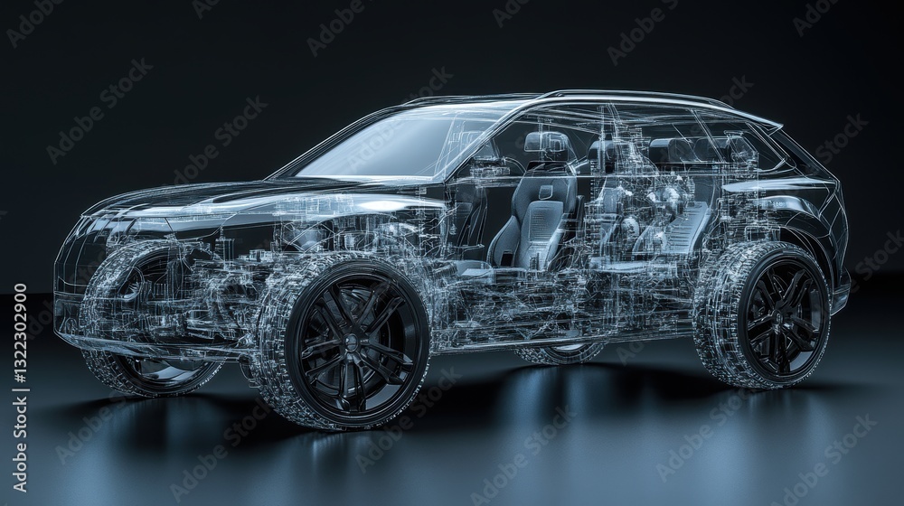 Naklejka premium A sleek, metallic 3D model of an SUV, rendered in intricate detail, reveals a transparent interior, showcasing the intricate workings of its powertrain and suspension system through an x-ray effect,
