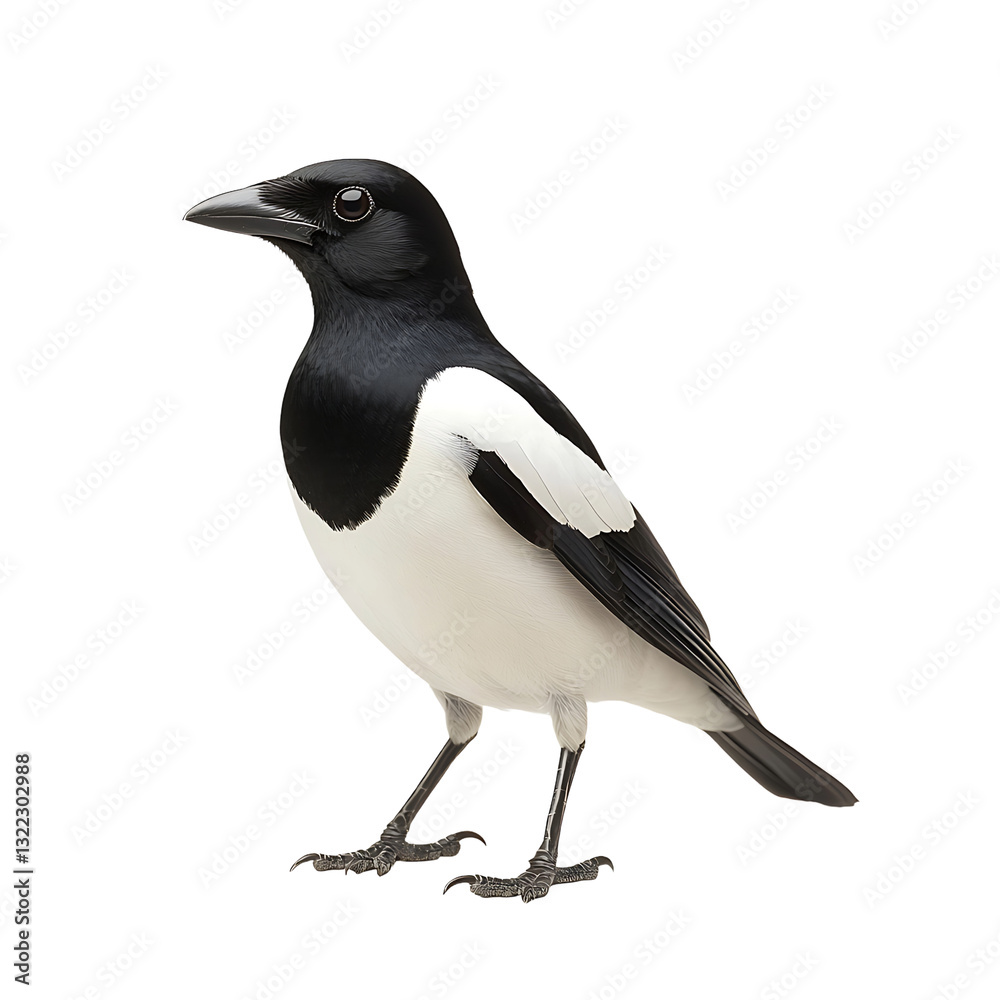 Fototapeta premium Captivating portrait of a magpie, showcasing its striking black and white plumage and intelligent gaze against a dark backdrop. Avian beauty!