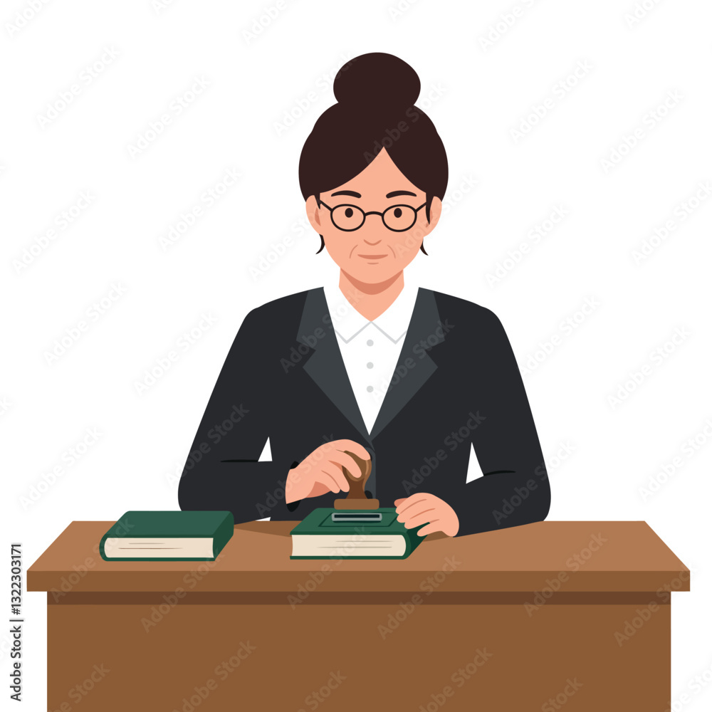 Professional woman at desk with books in flat minimal vector illustration Professional woman at desk with books in flat minimal vector illustration
