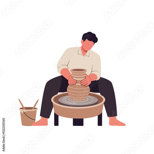 Potter shaping clay on a wheel in minimal flat vector art