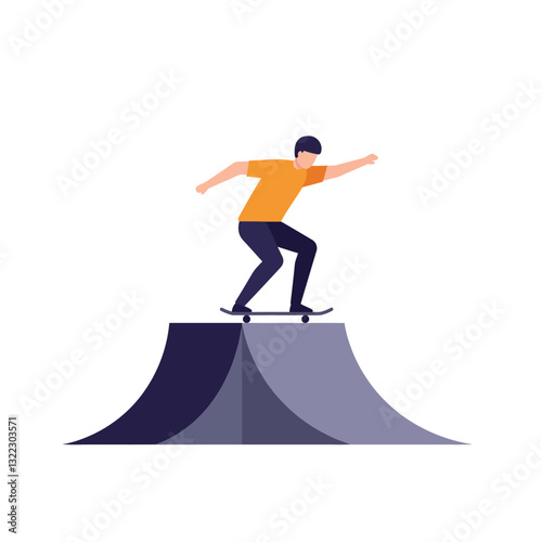 Skateboarder performing tricks on a ramp in flat vector art style