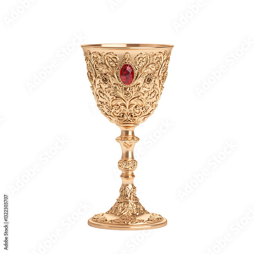 Ornate golden chalice adorned with a red gem, showcasing intricate floral designs, craftsmanship, and opulence against a solid black backdrop. .
