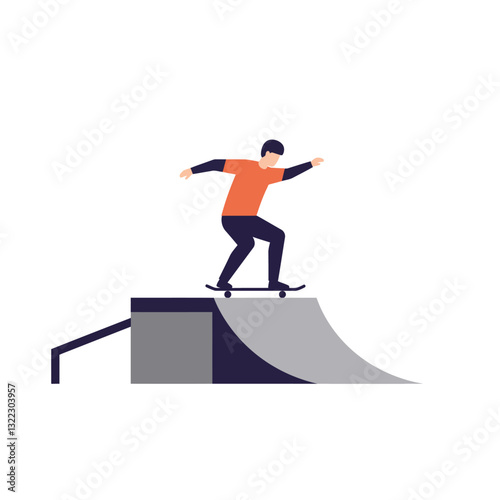 Skateboarder performing tricks on ramp in minimal flat vector illustration