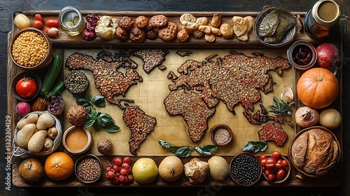 A world map adorned with a variety of foods representing the culinary diversity of different nations and cultures