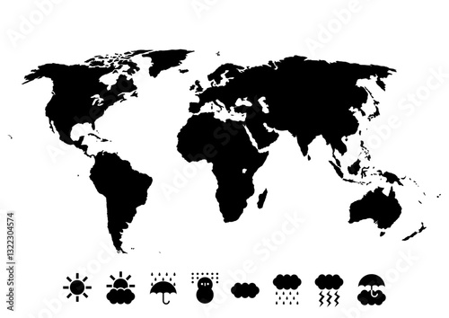 世界地図と天気記号アイコンのイラスト（黒）