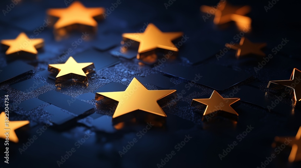 Digital illustration of an online business rating concept with customer reviews, star rankings, and a storefront icon on a dark background. 3D Rendering. Digital illustration of an online business rating concept with customer reviews, star rankings, and a storefront icon on a dark background. 3D Rendering.