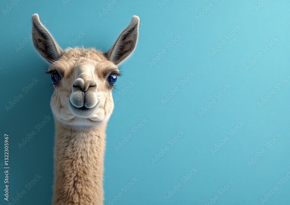 Obraz premium A llama hiding behind a minimalist wall peeking out with half of its head visible against a clean blue background