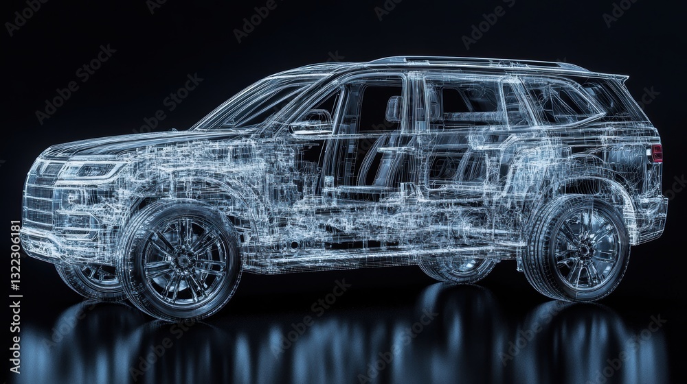 Naklejka premium A meticulously detailed 3D model of a SUV, revealing its intricate inner workings in exquisite detail from a panoramic perspective.