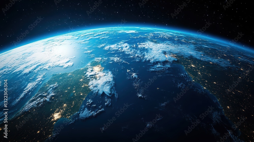 Obraz premium A vibrant blue sphere, Earth, with a smattering of fluffy white clouds dotting its azure canvas, showcasing the majestic European continent in its breathtaking splendor.