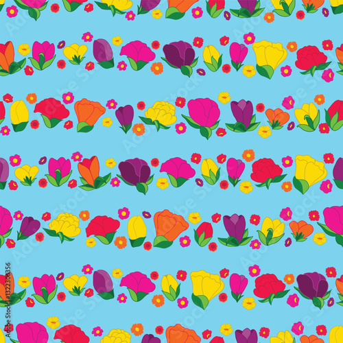 Stylized Flowers in Bright Summer Colors in Horizontal Stripes on a Sky Blue background creating a seamless pattern print background