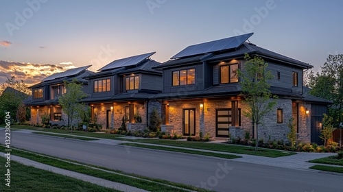 Modern homes lined up at dusk, showing solar panels and glowing lights
